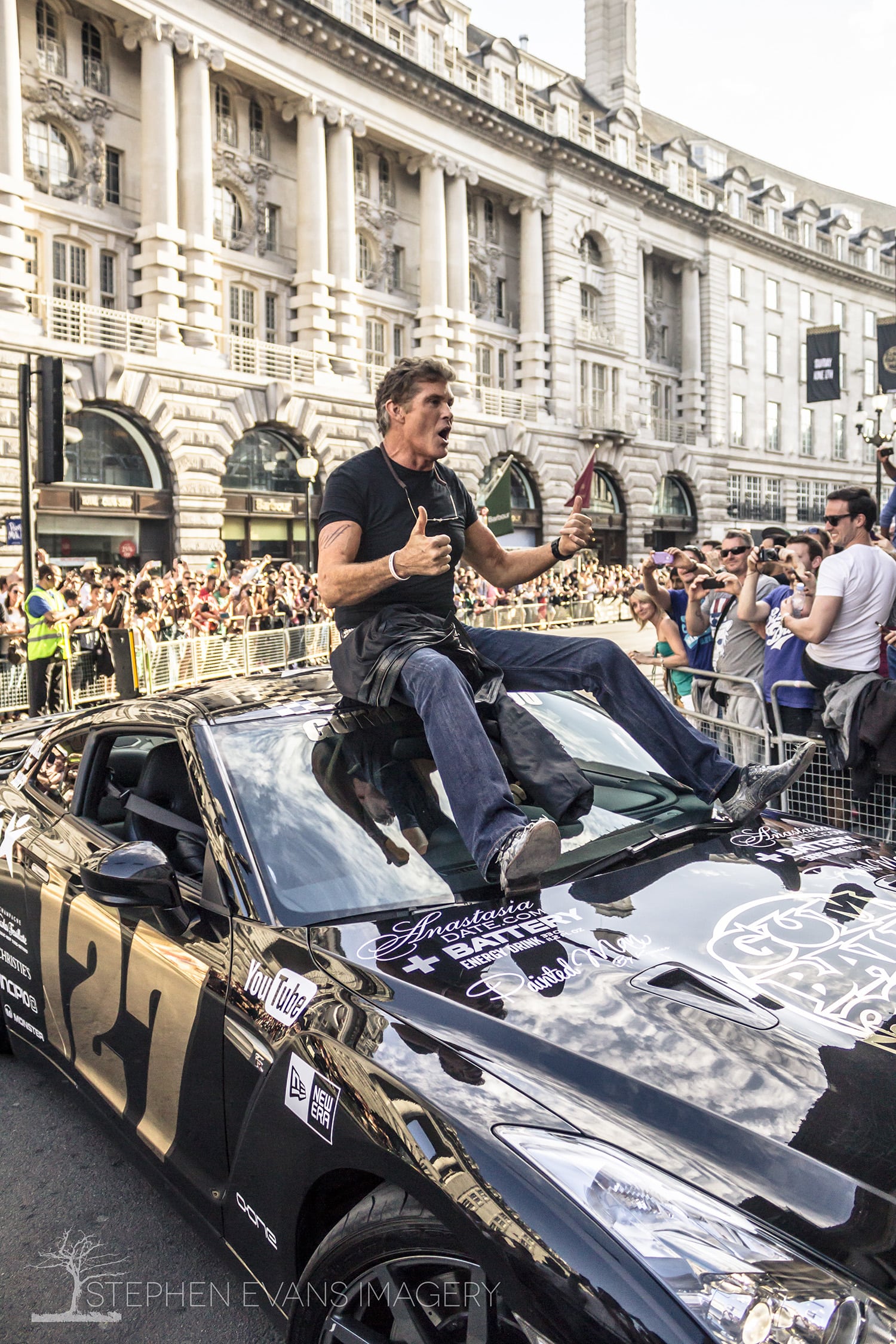Gumball 3000 rally cars on display at Regent Street, London